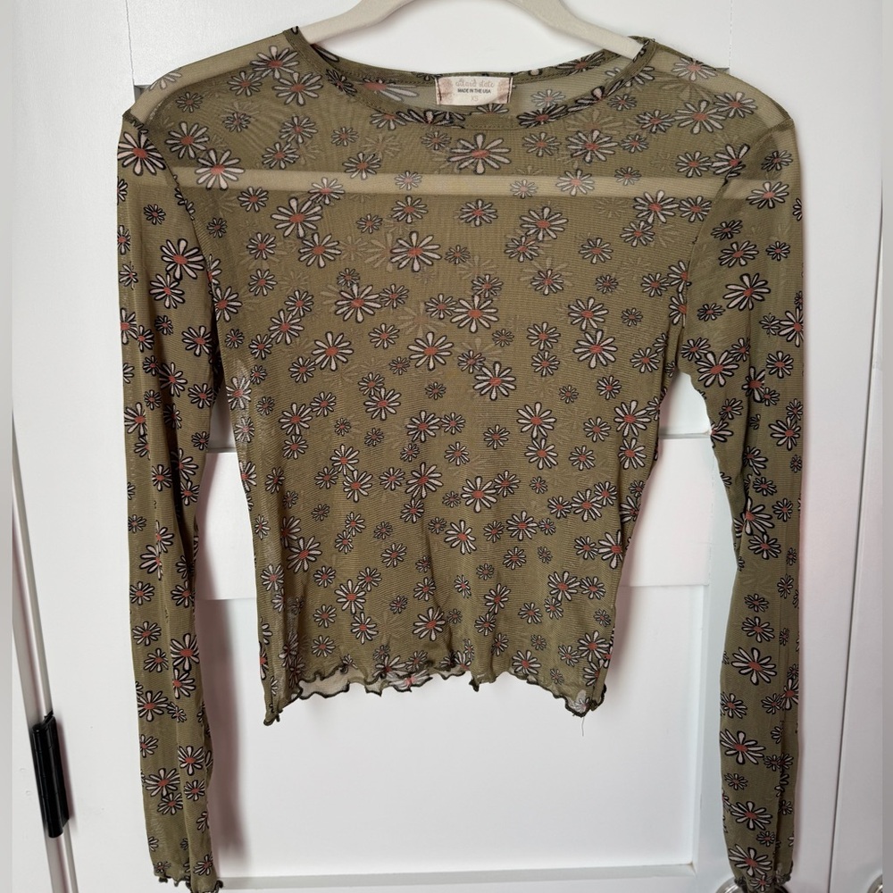 Altar’d State Olive Daisy Long Sleeve Sheer Top size XS